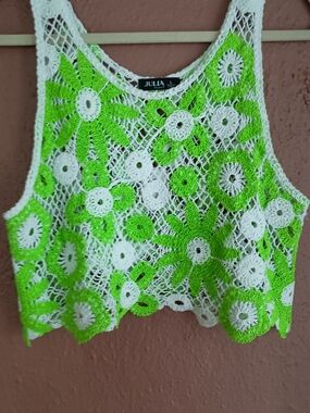 Green & White Crochet Floral Vest Top